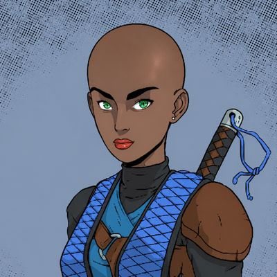 A portrait of a bald, green-eyed warrior character with brown skin, wearing blue scaled armor and carrying a sword on their back.