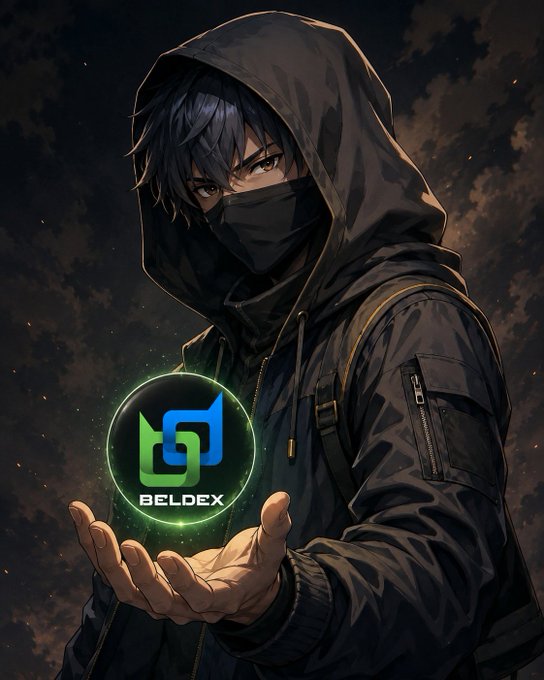 An anime-style illustration of a hooded, masked figure in dark clothing holding out his hand, from which glows a green circular emblem with a blue and green logo and the text 'BELDEX'.