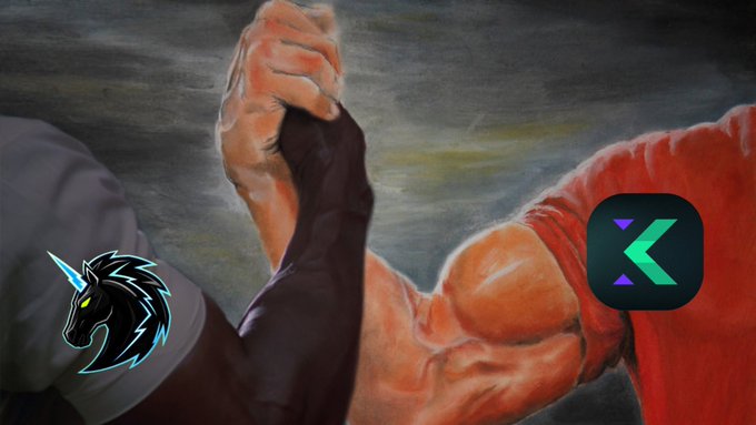 An illustration of two muscular arms clasping hands in an arm-wrestling match, with a black horse head logo with a glowing blue outline on the left and a green 'K' logo on the right.