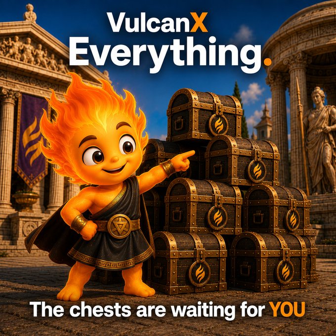 A cartoon mascot with fiery orange hair pointing at treasure chests in a Greek temple setting, advertising 'VulcanX Everything' with the tagline 'The chests are waiting for YOU'.