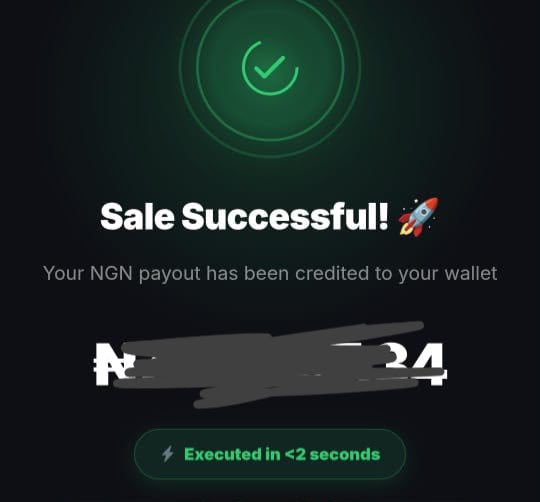 A screenshot of a crypto transaction confirmation reading 'Sale Successful! 🚀 Your NGN payout has been credited to your wallet' with an amount that has been obscured, showing 'Executed in <2 seconds' at the bottom.