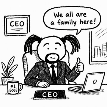 A black-and-white cartoon of a CEO with pigtails sitting at a desk with a '#1 BOSS' mug, giving a thumbs up and saying 'We all are a family here!'
