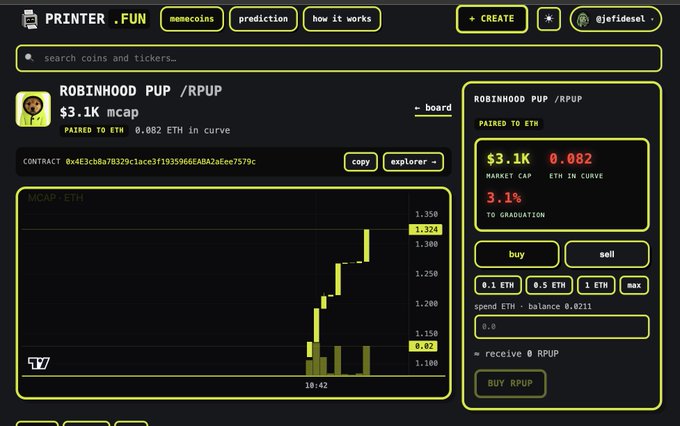A dark-themed crypto trading interface for 'PRINTER.FUN' showing the 'ROBINHOOD PUP /RPUP' token with $3.1K market cap, 0.082 ETH in curve, a price chart, and buy/sell trading options.