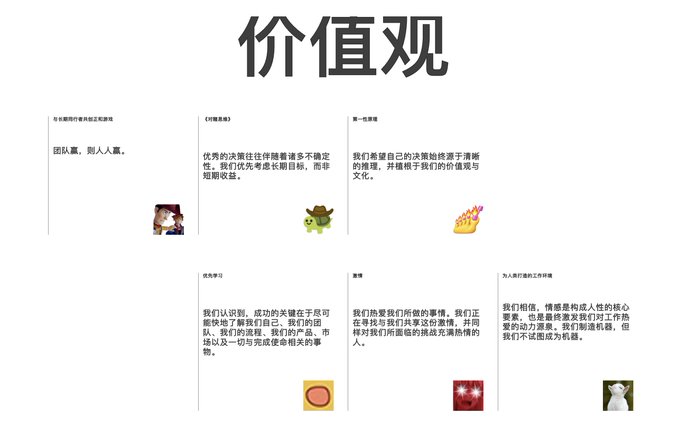 Chinese values page titled '价值观' (Values) featuring six cartoon-style icons with text about teamwork, truth-seeking, cleanliness, excellence, care, and trust.
