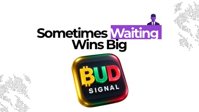 A promotional graphic with the text 'Sometimes Waiting Wins Big' above a colorful 3D logo that reads 'BUD SIGNAL' in red, green, and yellow letters, with a small figure in a suit at the top.