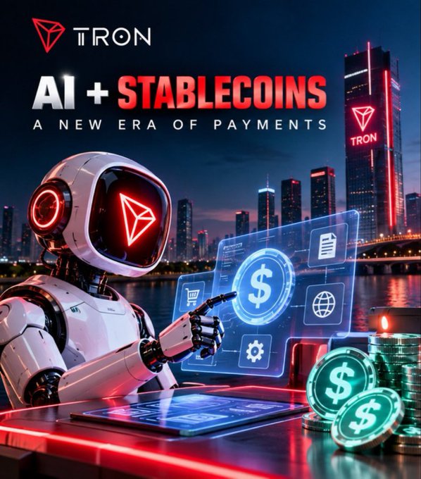 A promotional graphic for 'TRON AI + STABLECOINS: A NEW ERA OF PAYMENTS' featuring a futuristic robot interacting with digital payment icons against a city skyline.