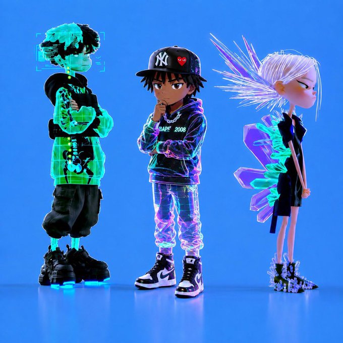 Three stylized cartoon characters stand against a bright blue background, featuring a holographic green skeletal figure, a boy in a New York Yankees cap and BAPE hoodie, and a girl with spiky white hair and a purple crystalline outfit.