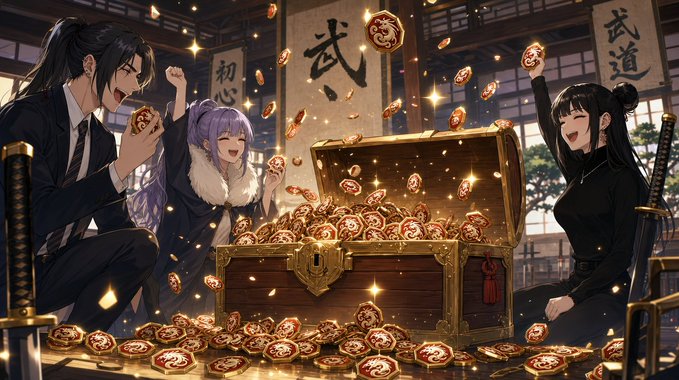 Anime-style characters celebrate around an open treasure chest overflowing with golden dragon-emblem coins, surrounded by Japanese kanji banners including "武" (Martial Arts), "初心" (Beginner's Mind), and "武道" (Budo), with the post suggesting $DOJO token holders are celebrating a safe migration from Uniswap V3 to V2 protocol.