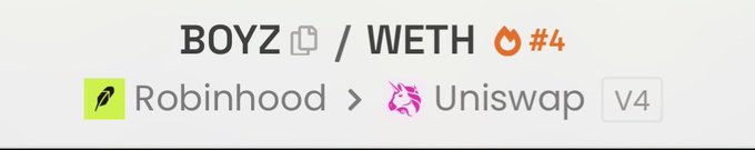 Dexscreener ranking showing BOYZ/WETH at #4 on Robinhood's trending list via Uniswap V4. This visual supports the post's claim about Arena Launchpad tokens achieving top 5 status among Robinhood Crypto tokens without any boosts.