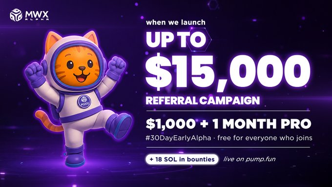 A promotional graphic for 'MWX ALPHA' featuring a cat mascot in an astronaut suit, advertising a referral campaign with 'UP TO $15,000' rewards, '$1,000 + 1 MONTH PRO' for #30DayEarlyAlpha, and '18 SOL in bounties' live on pump.fun.