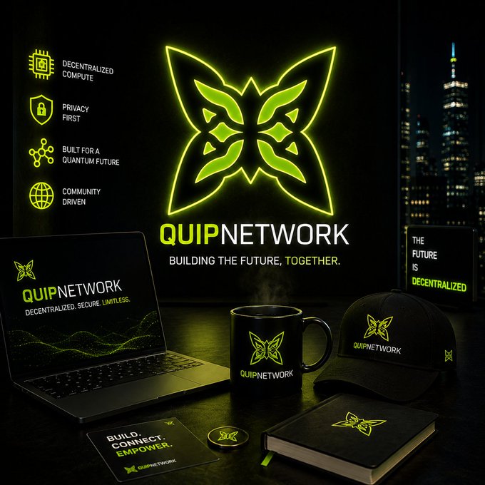 Marketing banner for QUIPNETWORK showcasing its butterfly logo, tagline 'BUILDING THE FUTURE, TOGETHER.', and branded merchandise including a laptop, mug, cap, and notebook, with features like 'DECENTRALIZED COMPUTE' and 'PRIVACY FIRST'.