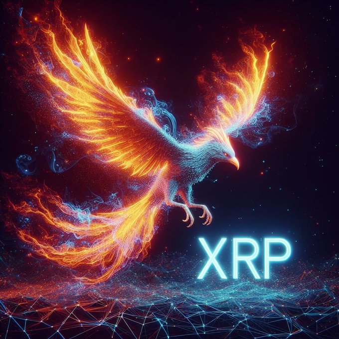 A fiery, majestic phoenix composed of swirling orange flames and glowing blue cosmic energy soars upward against a dark background, symbolizing rebirth and ascent. The glowing text "XRP" appears in the lower right, visually reinforcing the post's message of XRP's resurgence and rising momentum.
