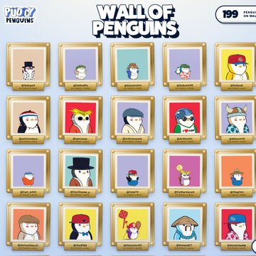 A promotional image titled 'WALL OF PENGUINS' shows a grid of 20 cartoon penguin profile pictures in gold frames, each with a unique outfit and handle, with 'PUFFY PENGUINS' branding and '199' in the top corners.