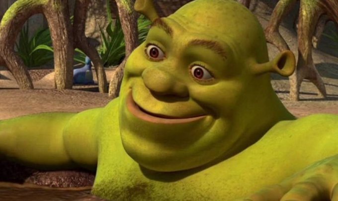 The image shows a close-up of Shrek, the green ogre from the animated film, with a wide smile while lying face-down in mud. The caption connects to the post by humorously using Shrek's enthusiastic expression as a reaction to friends asking for crypto buying advice—suggesting an overly eager "yes" without thoughtful consideration.