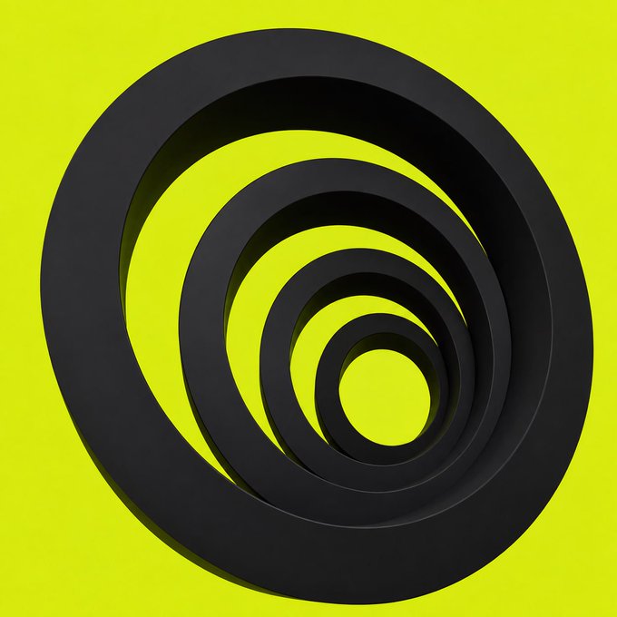 A 3D rendering shows black concentric circles creating a spiral pattern against a bright yellow background.