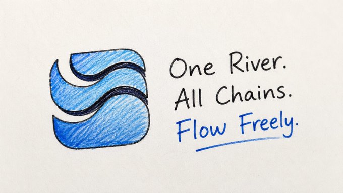 A hand-drawn sketch of a blue wave/water logo next to the tagline 'One River. All Chains. Flow Freely.', with 'Flow Freely' written in blue and underlined.