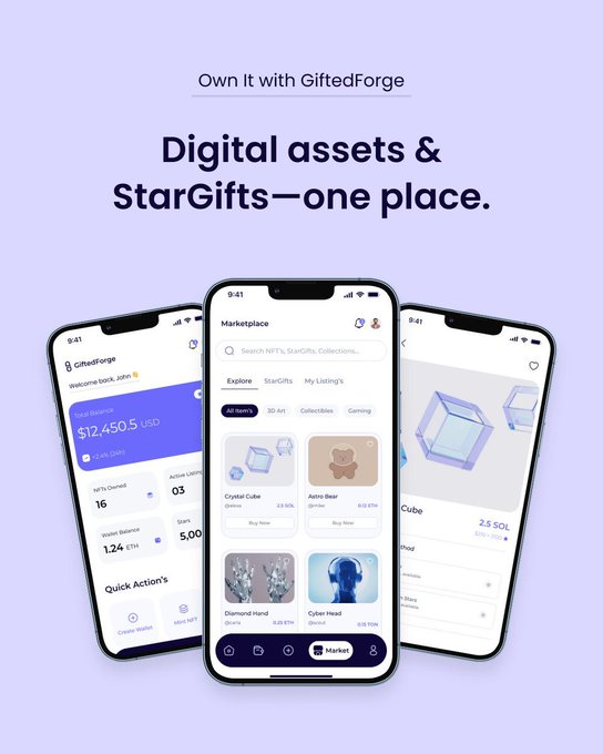 The image features three cell phones displayed side-by-side against a purple background. The phones are arranged vertically with each phone showing different content related to digital gifting and collectibles. This arrangement highlights the various aspects of these digital assets, such as creating, minting, customizing, and trading them on platforms like Telegram Stars. The image also includes text that reads "Focus on what is in the image & how it relates to the post".