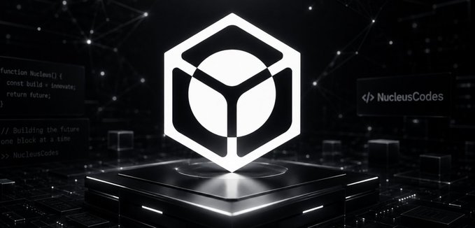 A futuristic black and white tech graphic displaying a hexagonal logo with the text 'NucleusCodes' and code snippet referencing 'Building the future one block at a time' and 'NucleusCodes'.