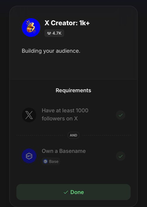 A dark-themed interface displays the "X Creator: 1k+" role from Guild with 4.7K members, showing the tagline "Building your audience" and two completed requirements: having at least 1000 followers on X (marked with a green check) and owning a Basename on Base (also checked), with a green "Done" button at the bottom confirming eligibility has been met.
