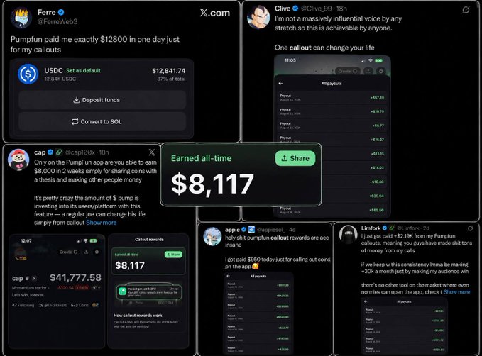 A collage of social media posts on X.com highlights Pumpfun's new "Callouts" feature, with users like Ferre reporting $12,841.74 earned in a single day, cap showing $8,117 in all-time earnings, and others like Clive and apple sharing their payouts, illustrating the post's claim that users can earn USDC rewards daily for promoting tokens that generate trading volume.
