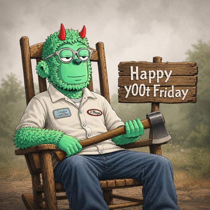 An illustration of a green, furry humanoid creature with red horns sitting in a rocking chair holding an axe, next to a wooden sign that reads 'Happy y00t Friday.'