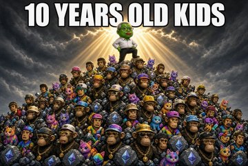 A meme-style image showing a large pile of Fortnite character skins with the text '10 YEARS OLD KIDS' at the top, depicting a green Pepe character standing in a beam of light above the crowd.