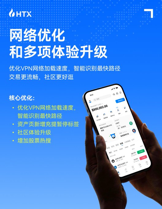 HTX promotional image in Chinese announcing network optimization and experience upgrades, including optimized VPN network speed, added asset page search tags, community experience upgrades, and increased stock hot search, shown alongside a hand holding a phone displaying the app.