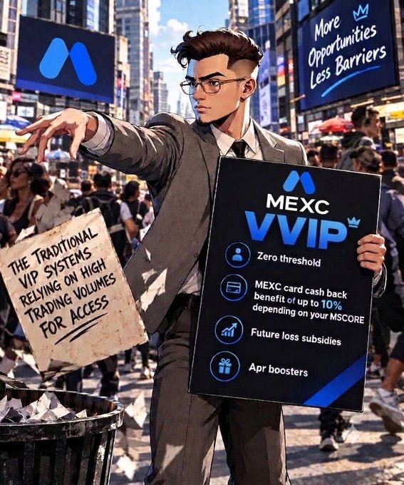 A young man in a suit discards a cardboard sign reading "The Traditional VIP Systems Relying on High Trading Volumes for Access" into a trash bin while holding up a MEXC VVIP advertisement highlighting benefits like zero threshold, up to 10% cash back, future loss subsidies, and APR boosters—symbolizing MEXC's "More Opportunities, Less Barriers" approach to VIP access.