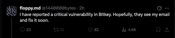 A screenshot of a tweet by @floppy.md (@144000bytes) stating 'I have reported a critical vulnerability in Bitkey. Hopefully, they see my email and fix it soon.'