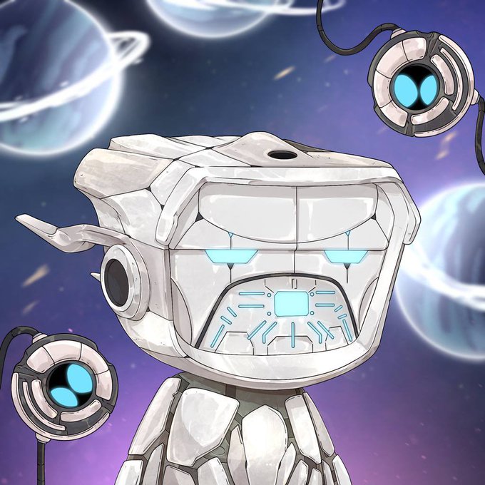 A digital artwork depicts a white robotic character with glowing blue eyes and circuitry details on its mouth, set against a cosmic purple background with planets and two small floating orbs.