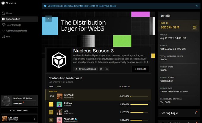 Screenshot of a Nucleus dashboard titled 'The Distribution Layer for Web3' featuring a 'Contribution Leaderboard' with users like 'Kim Vault' (0.0693%) and 'Trafhoa' (1.5802%), and event details showing 30D 07H 59M remaining.
