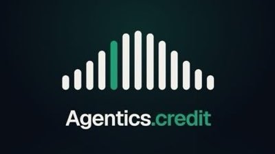 Logo for 'Agentics.credit' featuring white and green vertical bars arranged like a sound wave on a dark teal background.