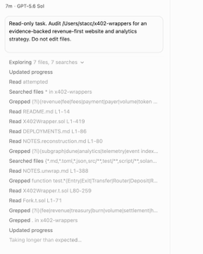 A read-only task log titled "GPT-5.6 Sol" showing the AI exploring 7 files and searching through "x402-wrappers" for a revenue-first website and analytics strategy, including documents like "revenuejetqefeespaymentpayervolumetoke...", "X402Wrapper.sol", "NOTES.reconstruction.md", and "Fork1.sol." This relates to the post by indicating the developer is actively working on the x402-wrappers codebase, likely the same project referenced via openzoo.fun, where they are building out the revenue/payment infrastructure seen in the referenced files.