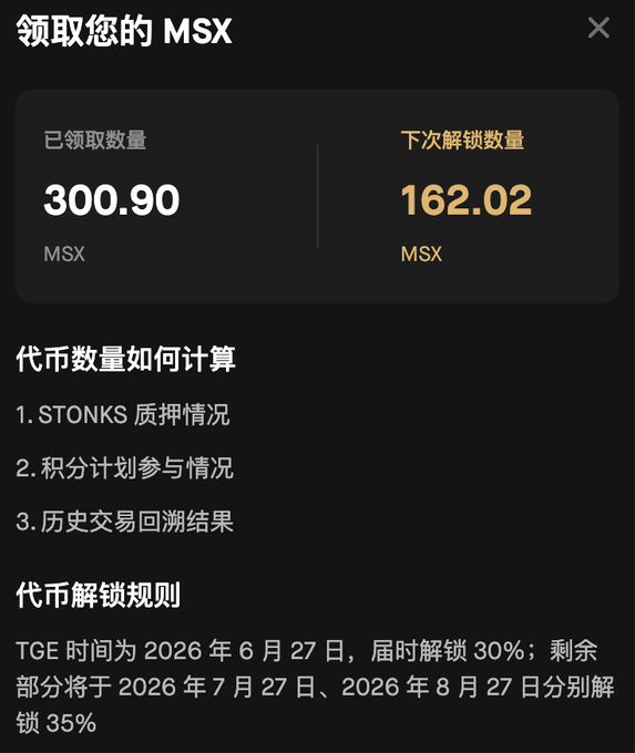 A Chinese-language mobile app interface showing MSX token distribution details: 300.90 MSX already claimed and 162.02 MSX to be unlocked next, with vesting schedule information.