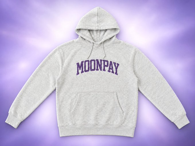 A gray hoodie with "MOONPAY" printed in purple lettering is displayed against a purple background, fitting the post's "hoodie szn" promotional theme where MoonPay is offering branded merchandise.