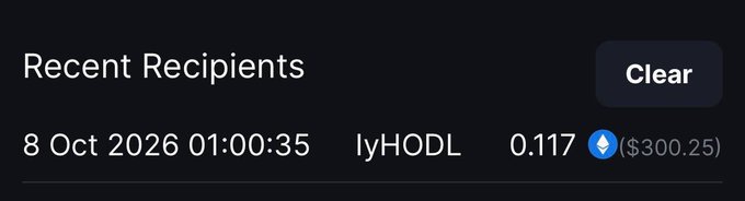 A screenshot of a "Recent Recipients" section showing a transfer of 0.117 ETH (~$300.25) sent to "IyHODL" on 8 Oct 2026 at 01:00:35, with a "Clear" button visible—corresponding to the post celebrating a $300 send to @iyandahodl.