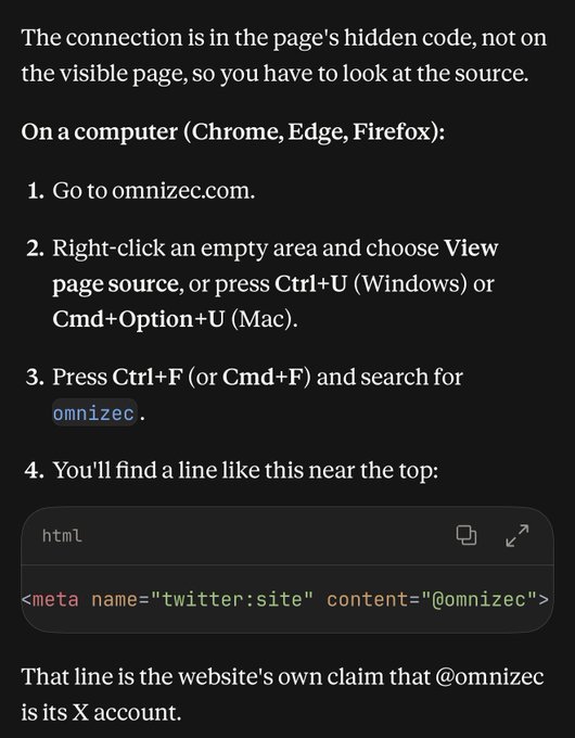 A text-based instruction explaining how to verify a website's X (Twitter) account by viewing its page source and searching for the meta tag 'twitter:site' content='@omnizec'.