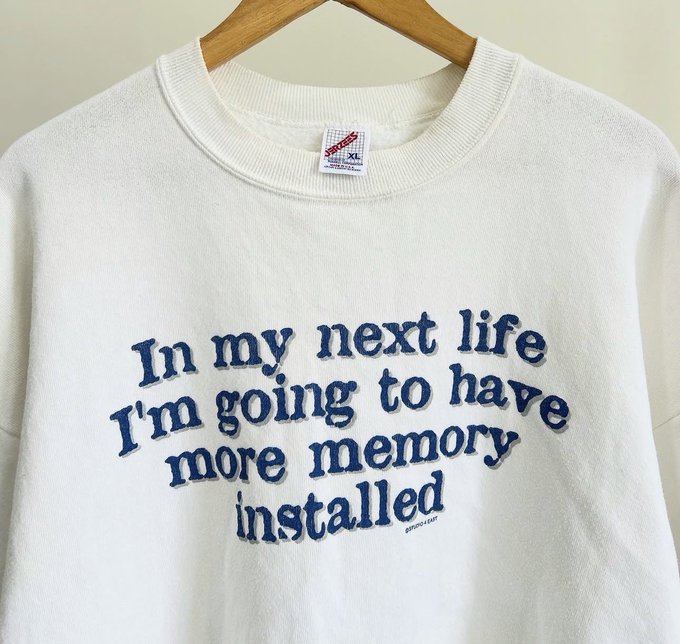 A cream-colored sweatshirt on a wooden hanger featuring blue embroidered text reading 'In my next life I'm going to have more memory installed' with a small 'SPEEDES XL' tag.