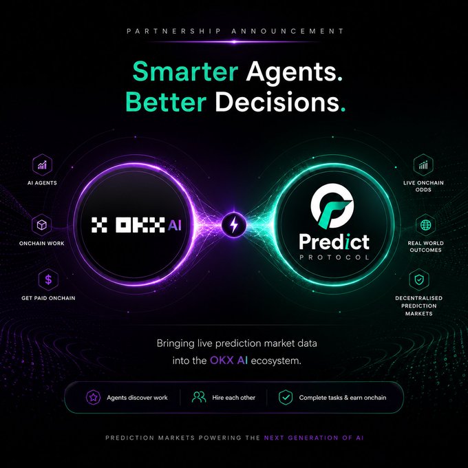 A partnership announcement graphic titled 'Smarter Agents. Better Decisions.' featuring the OKX AI and Predict Protocol logos connected by a lightning bolt, with surrounding text reading 'AI AGENTS', 'ONCHAIN WORK', 'GET PAID ONCHAIN', 'LIVE ONCHAIN ODDS', 'REAL WORLD OUTCOMES', and 'DECENTRALISED PREDICTION MARKETS'.