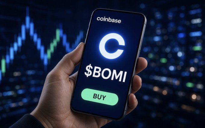 A hand holds a smartphone displaying the Coinbase app with a large "C" logo and the text "$BOMI" above a green "BUY" button, set against a background of blurred trading charts.