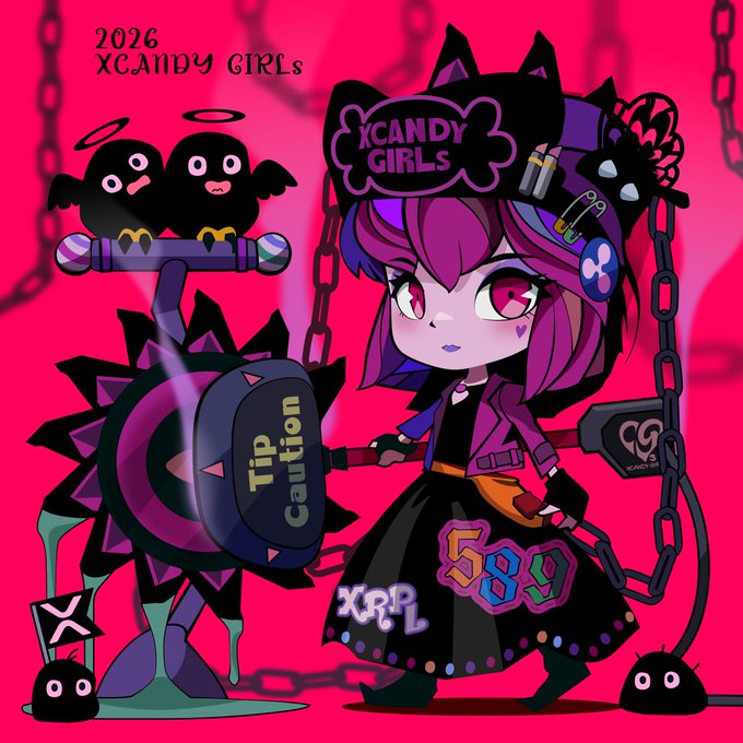 A stylized illustration featuring a pink and purple-haired character with cat ears wearing a hat labeled 'XCANDY GIRLS' and a dress with 'XRP' and '589' on it, set against a pink background with chains and small black creatures, with text '2026 XCANDY GIRLS' and 'Tip Caution'.