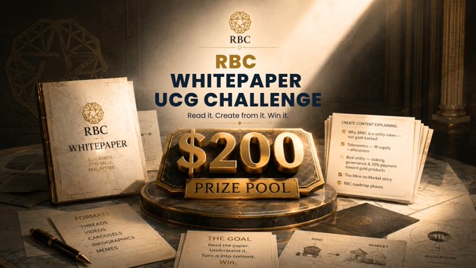 A promotional banner for an 'RBC WHITEPAPER UCG CHALLENGE' contest with a $200 prize pool, inviting participants to read the whitepaper and create content, with rules including threads, videos, carousels, infographics, and memes.