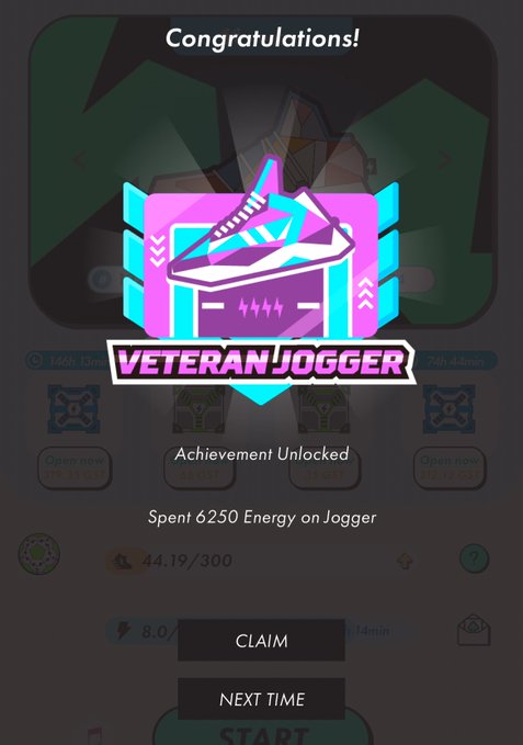 A mobile app achievement screen displaying 'VETERAN JOGGER' congratulating the user for spending 6250 Energy on a Jogger item, with CLAIM and NEXT TIME buttons.