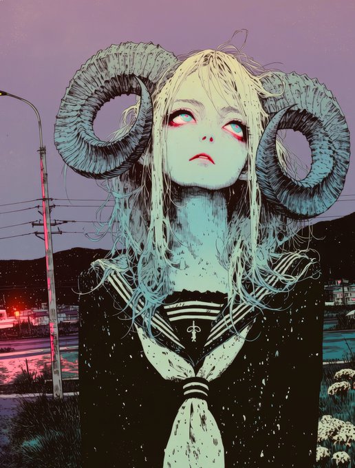 An anime-style illustration of a girl with large curled ram horns, blonde hair, and glowing red eyes, wearing a dark sailor uniform against a purple twilight cityscape.