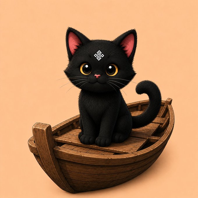 A cute black kitten with large yellow eyes and pink inner ears sits inside a wooden boat, featuring a small geometric symbol on its forehead against a peach background.