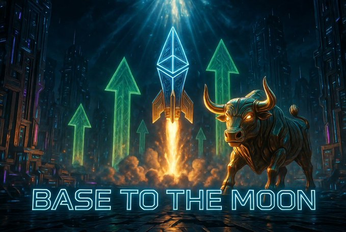 A crypto-themed digital artwork depicting a rocket launching between green upward arrows with a bull, captioned 'BASE TO THE MOON.'