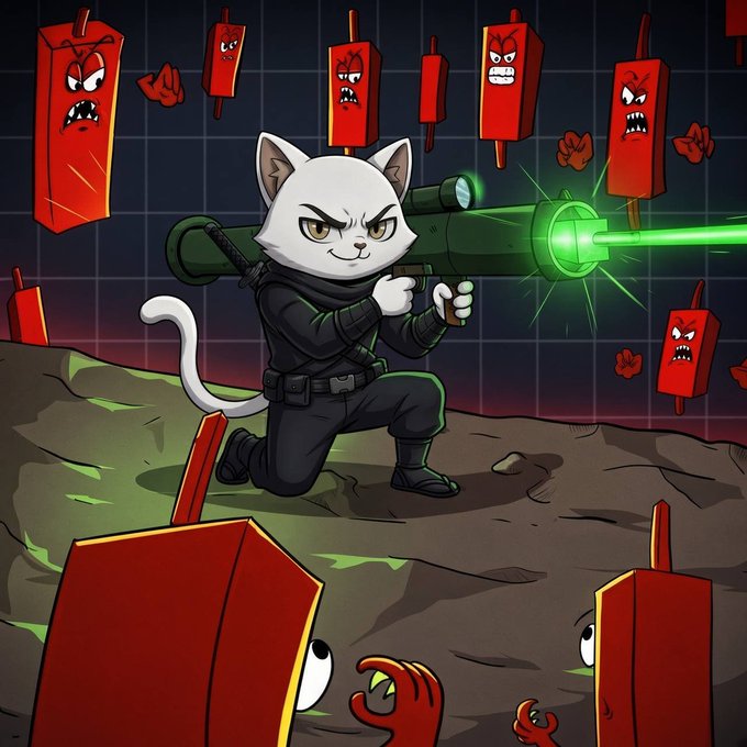 An illustration features a white cat dressed in black tactical gear firing a glowing green rocket launcher at an array of menacing, floating red dynamite sticks.