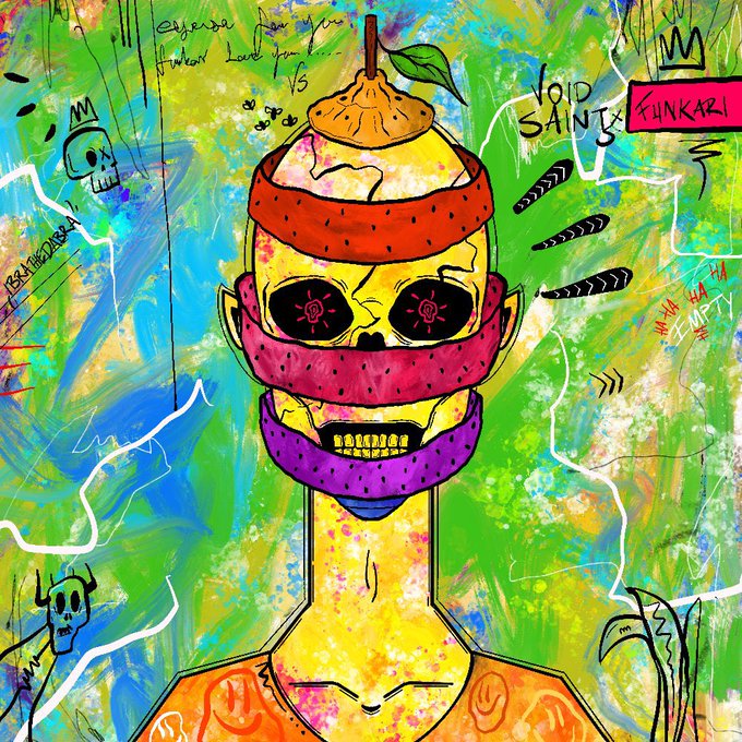 The image features a cartoon drawing of a person with a face, wearing a mask that resembles an orange fruit. The person has a skull design around their neck, adding a unique and artistic touch to the overall composition. The background of the image is filled with various colors and patterns, creating a vibrant and lively atmosphere. In the corner of the image, there are some text elements related to a giveaway or contest that reads "Partnered with @VoidSaintsETH to giveaway some GTD spots To participate; Follow @KingsEcheeh & @VoidSaintsETH Like + RT Comment EVM wallet". The person in the drawing is wearing an orange fruit mask, which adds a playful and whimsical element to the overall scene.