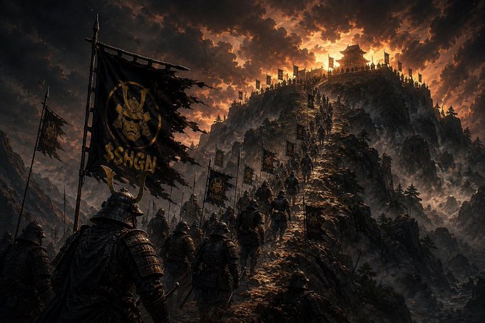 A dark fantasy artwork depicts an army of samurai climbing a mountain toward a castle, with a large banner displaying a samurai helmet and the text '$SHGN'.