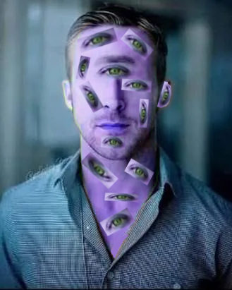 A man with a purple face covered in multiple floating green eyes, referencing a surreal transformation—suggesting the "metamorphosis" of a once-normal token into something otherworldly and mutated.